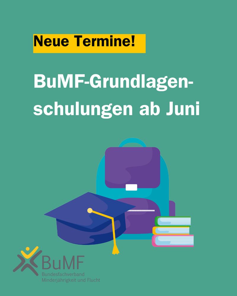 Neue Termine! BuMF Grundlagenschulungen. Grafik von einem Rucksack und Schulsachen. darunter BuMF Logo. 