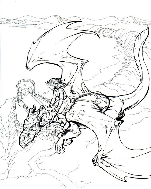 A woman is riding a flying dragon in the foreground over a coastal landscape seen from above with a clifftop castle immediately below. 