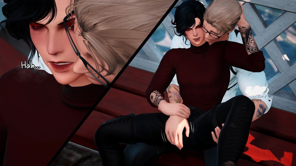 Comic style crop of two midlander men. The one with dark hair and a red sweater is in the blonde ones lap, with his legs spread slightly. The blonde man has a hand rubbing against his crotch. 