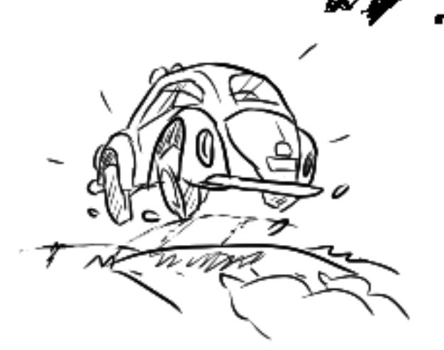 A VW Beetle rally car cartoonishly jumping over a hill.