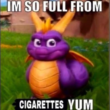fat spyro with the text
IM SO FULL FROM

CIGARETTES YUM