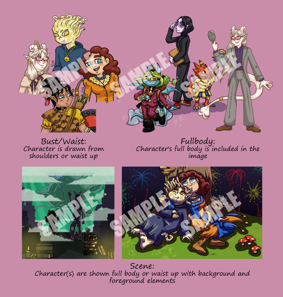 Sample images of busts, full body, and scene artwork. Characters featured include gorgons, vampires, elves, half-devils, and imps. 