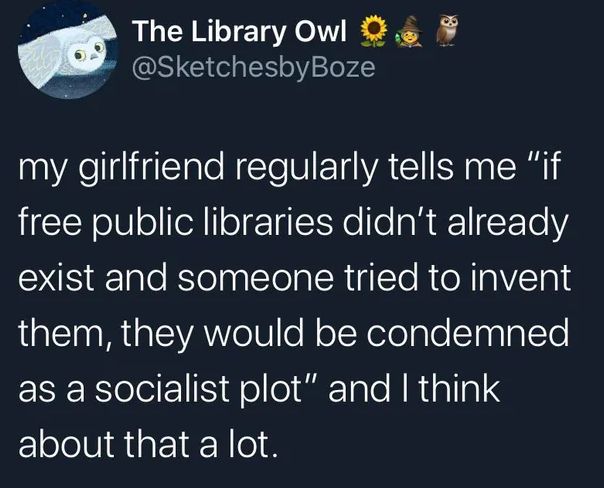 Post By The Library Owl
My girlfriend regularly tells me “if
free public libraries didn't already
exist and someone tried to invent
them, they would be condemned
as a socialist plot” and | think
about that a lot.
