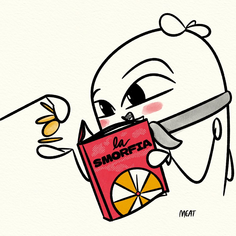 A sausage holds out their hand to another sausage hand reaching in from the left side of the frame. The faceless sausage is dropping coins into the main sausage’s hand. The sausage is excitedly reading a copy of La Smorfia. 