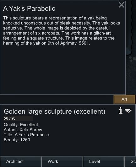 "This sculpture bears a representation of a yak being knocked unconscious out of bleak necessity. The yak looks seductive. The whole image is depicted by the careful arrangement of six acrobats. The work has a glitch-art feeling and a square structure. This image relates to the harming of the yak on the 9th of Aprimay, 5501."