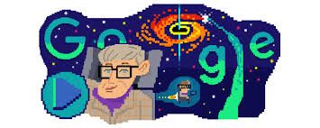 Pixelated art depiction of Dr. Stephen Hawking in his wheelchair, surrounded by stars and galaxies as part of the Google logo.
