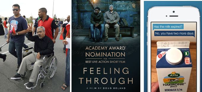 Collage of Dr. Singace in a wheelchair, film poster for Feeling Through, and iPhone with Be My Eyes app demonstration reading a milk carton's expiration date.