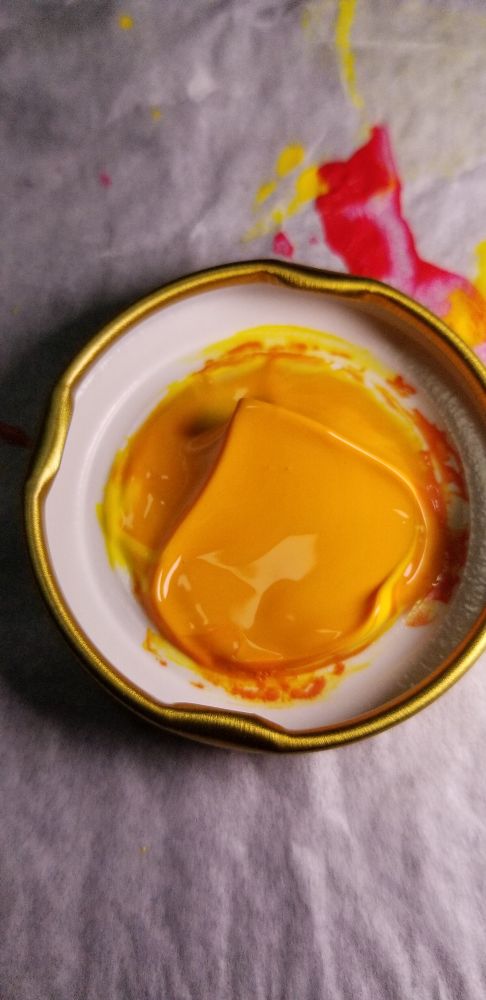 This was the next attempt at cadmium yellow. Still not enough yellow in this mix. This color is pretty close to isoindoline yellow. Used this color to mix the final pot of paint.