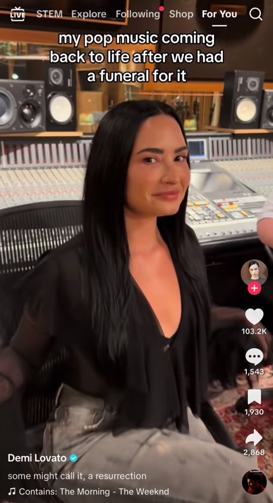 A screenshot of a post Demi Lovato made on tik tok that reads “some might call it, a resurrection” to the song The Morning by The Weeknd