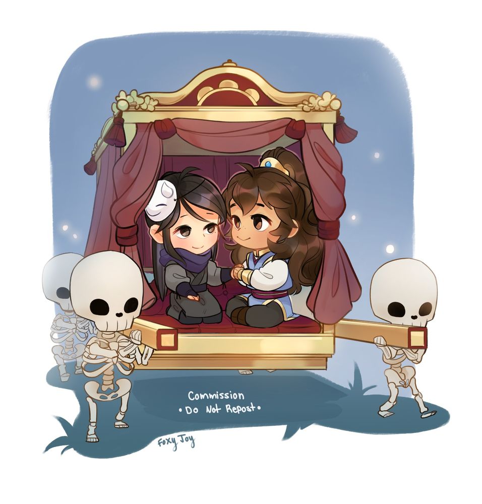 Digital illustration. Chibi Yin Yu and Quan Yizhen holding hands in a step litter carried by skeletons 