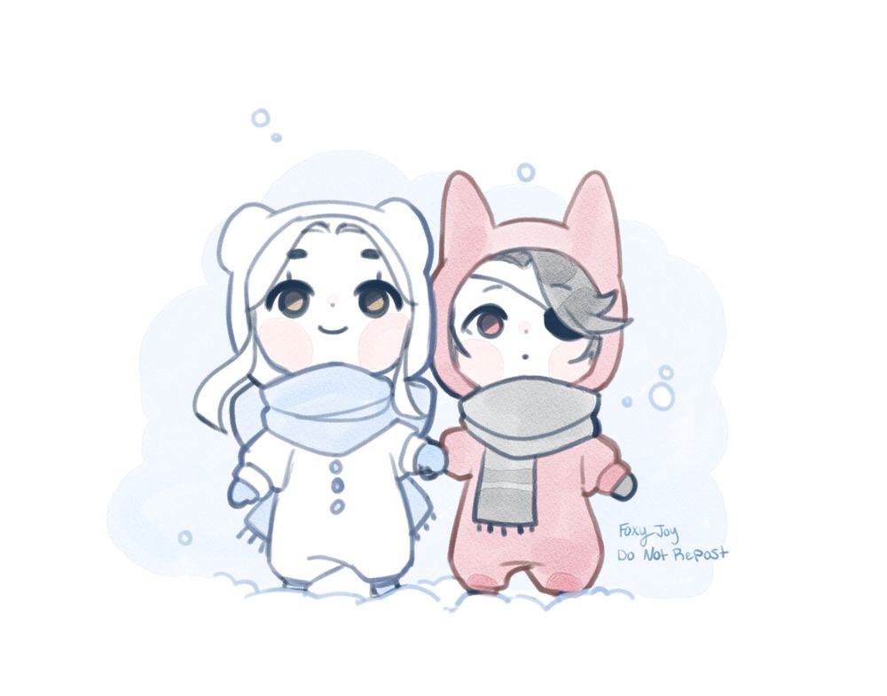 digital illustration. human Ruoye and E'ming in cute winter outfits. Ruoye's has stoat ears and E'ming's has fox ears. They're holding hands 