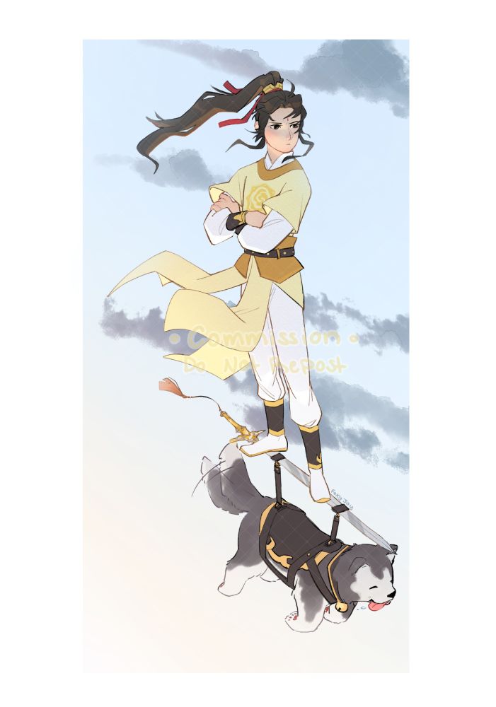 Digital illustration. A figure riding a flying sword with a dog in a harness hanging from the sword. a slightly cloudy background
