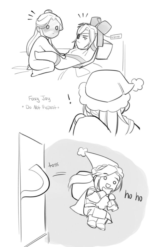 Digital illustration. Pei Ming accidentally walking in on hualian. Ruoye throwing him out a window while he says "ho ho" 