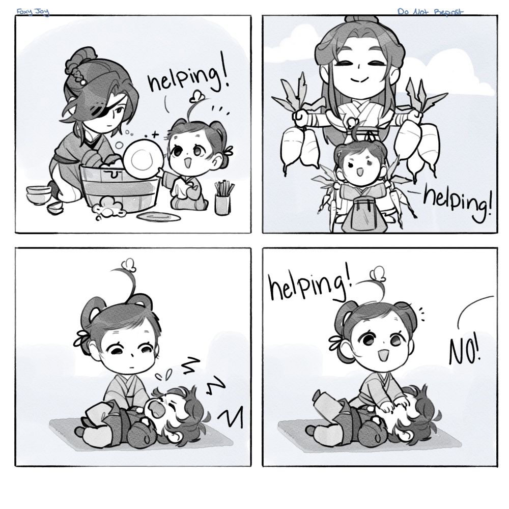 Hualian family AU comic.  Xie Qingxin helps with dishes, gardening, and her baby brother crying (sort of) 
