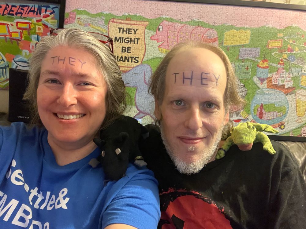 RM3 and Zeke Rat and TDK and Ribit Frog pose for a selfie. RM3 & TDK have THEY written on their foreheads because HUGE TMBG NERDS

(Duh!)