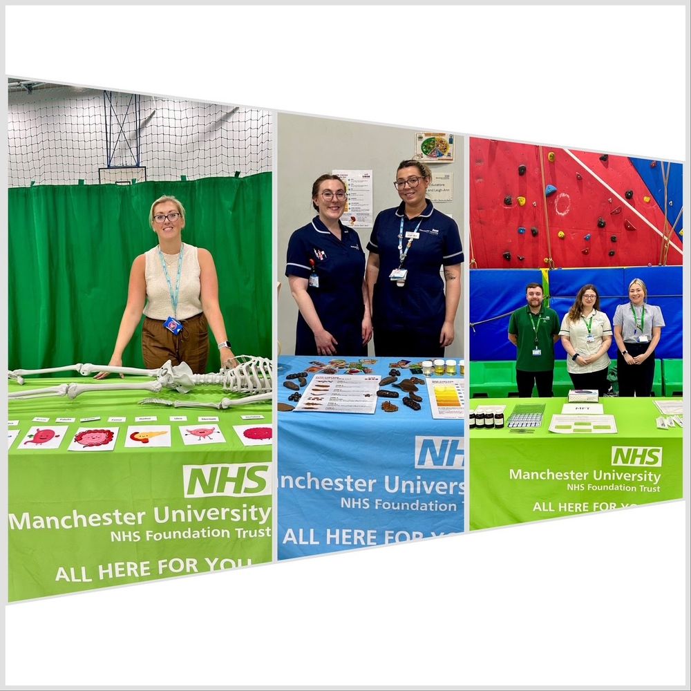 Image of healthcare professionals at a careers event standing behind tables with NHS banners