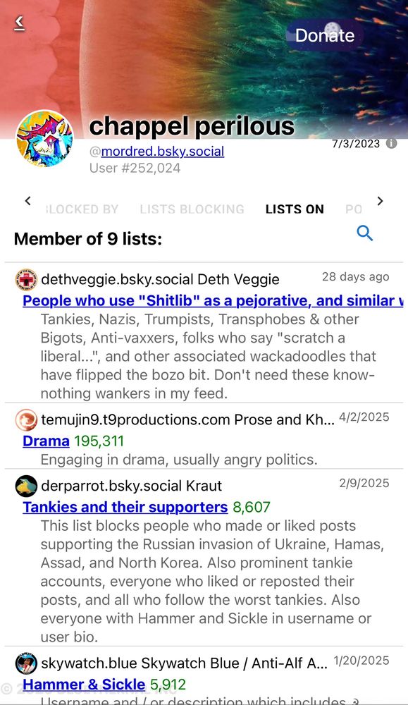 clear sky website showing that i’m on several block lists for being a tankie 