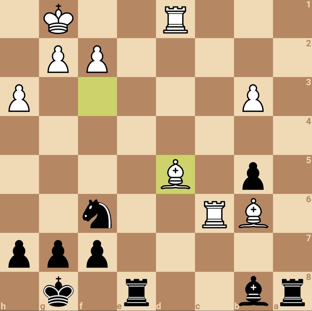 Chess board, view of black, position:

rb2r1k1/5ppp/1BR2n2/1p1B4/8/1P5P/5PP1/3R2K1 b - - 0 29

Last move of white Bxd5 (from f3).