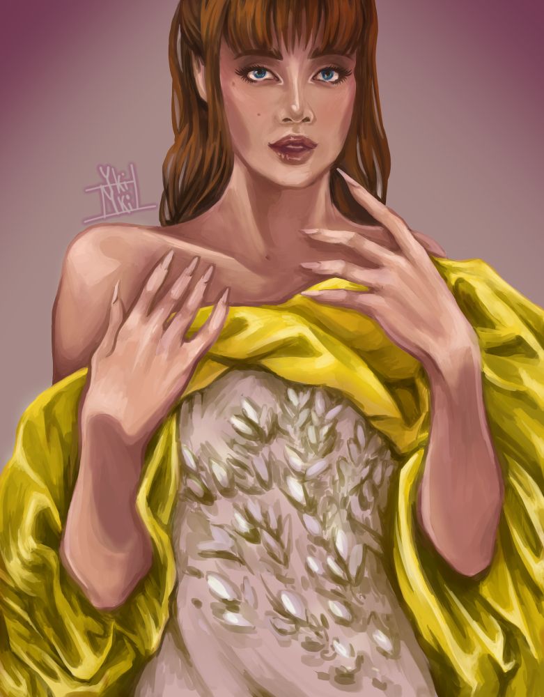Digital art of Lalisa from kpop group Blackpink 
She is in white dress with yellow element 