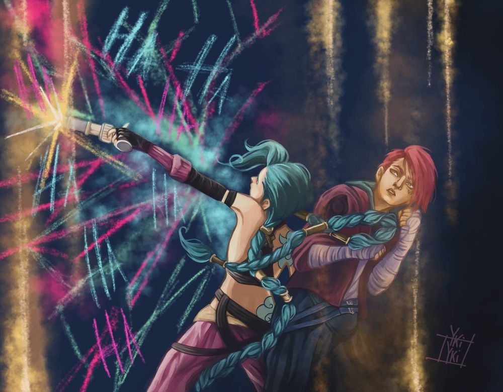 Art of Jinx and Vi from arcane series and league of legends game 