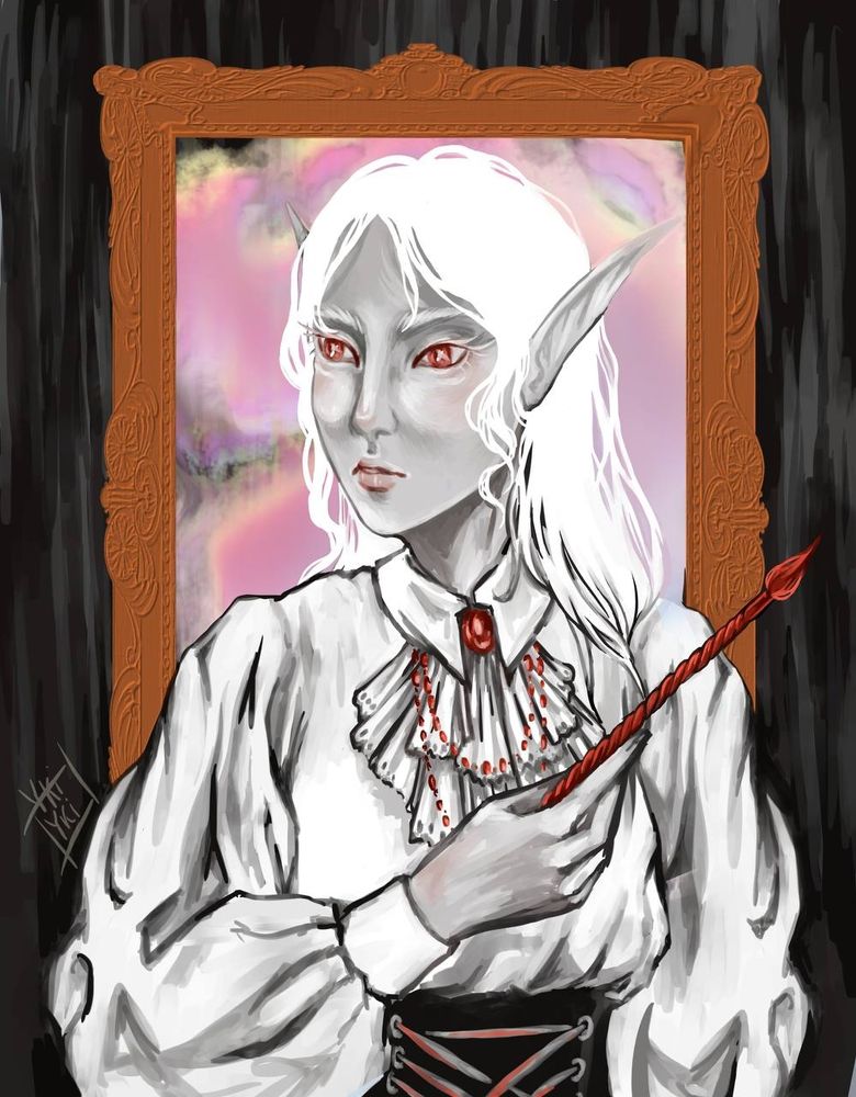 Digital art of white hair elf woman, red eyes, with long paint brush in her hand, frame with different magical paint in it 