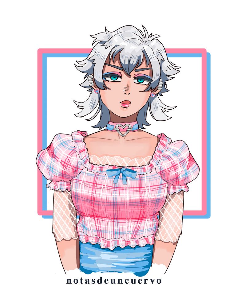 Dibujo de FemToya hasta un poco por debajo de la cintura. Ella tiene el cabello blanco corto hasta los hombros y del estilo que tenía de niño, debido a que es un fanart centrado en cómo sería Toya de adulto si no se hubiera convertido en Dabi. No obstante, conserva las perforaciones que tiene como Dabi en el canon. 

Su ropa e incluso su maquillaje son una combinación de los colores rosa y celeste. Usa una gargantilla que en el centro tiene un corazón, una blusa a cuadros rosa de manga corta y una falda celeste.