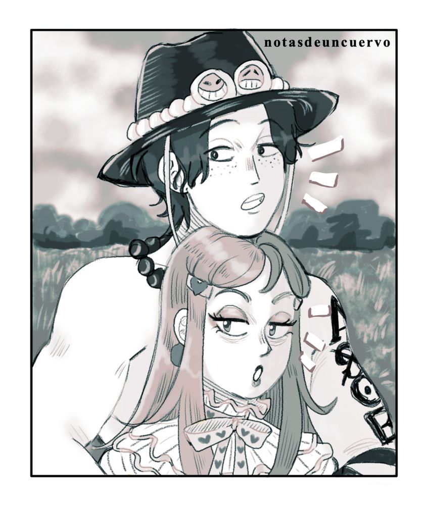 Dibujo en blanco y negro. Ace tiene la cabeza apoyada en Hope y ambos miran a la misma dirección, además de parecer sorprendidos, porque alguien les llama.