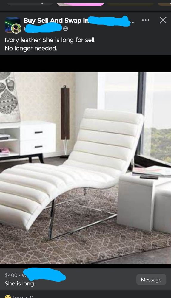 Screenshot of a Facebook Marketplace advert for a chaise longue, headed 'She is long', with the wording 'She is long for sell'