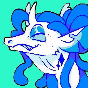 pixelated drawing of a white anthropomorphic lizard on a cyan background. it has horns, blue locs, and sharp teeth.