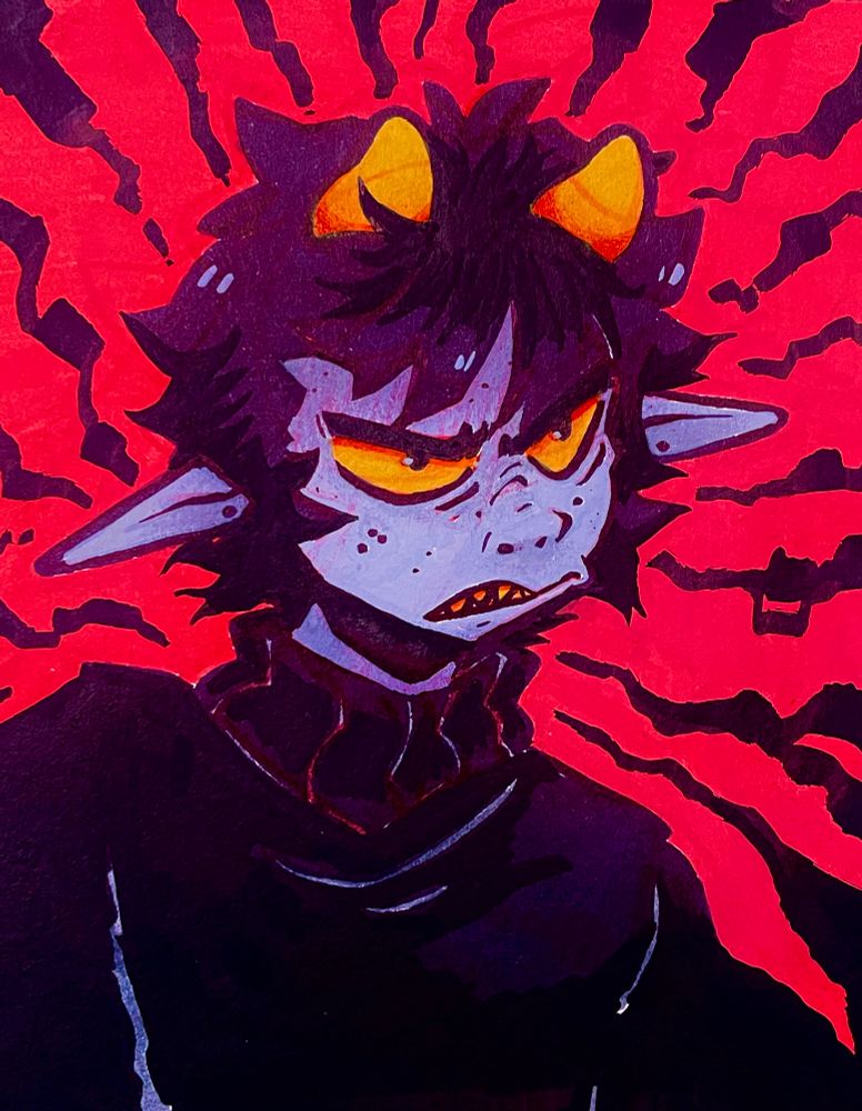 a traditional drawing of karkat vantas on a jagged red and black background. he looking off to the side and scowling at something off-camera.