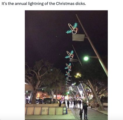 Christmas lights that are supposed to be candle surrounded by holly in the high street, but they look like erect dicks surrounded by holly. 