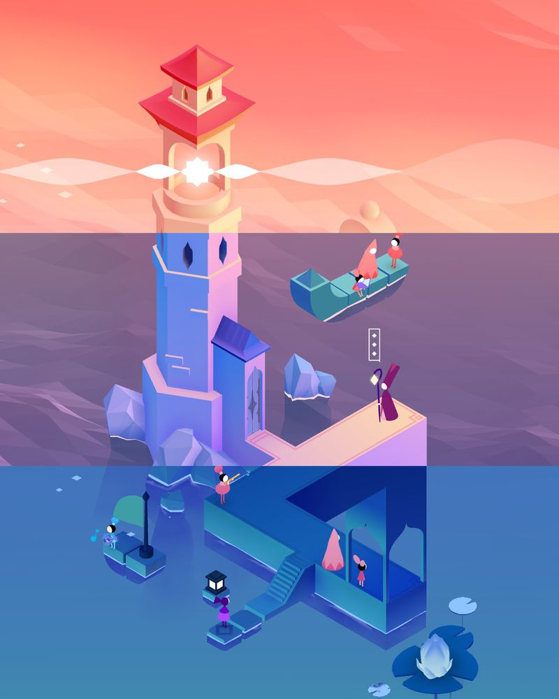 An image of the lighthouse from Monument Valley 3. The image is split into 3 horizontal colour bands, each representing a time of day.