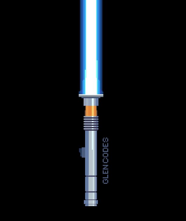 Pixel art work by GlenCodes of a starwars lightsaber (light blue) switched on, on a black background).