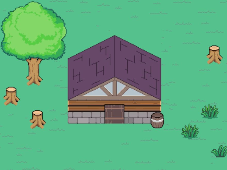 Concept pixel art for the indie game HawkStone that is currently being developed. This is the outside of a typical dwelling in the game. The house is in a green field, with a tree to the left, some tree stumps to the sides of the house. The house itself has a wooden thatched roof, and the walls are made of large stone and logs. The door is wooden, and there is a wooden barrel to the front of the house just off to the right. There are a few tufts of taller grass to the right of this house. This is a pixel style 2D top down perspective of the game.