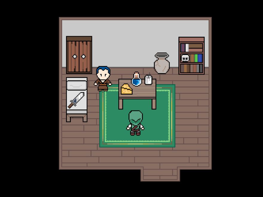 Concept pixel art for the indie game HawkStone that is currently being developed. This is the inside of a dwelling, with an old worn wooden cupboard in one corner, a bed with a sword on it, a green rug with a wooden table. On the table is some cheese, a potion and a candle. In the other corner is a bookshelf with a skull on it, and an old antique cracked vase. Two characters are in here, one is wearing a brown robe with a belt and black hair, the other a green vest with a hood over their head. The exit/entrance to the dwelling is behind the green hooded character. This is a 2D style pixel top down perspective. 