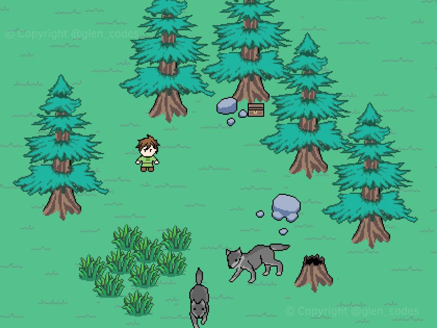 Concept pixel art work by GlenCodes of his retro indie RPG game he's making. Here we have grass, trees, a dead tree stump, some tall grass brush clusters, some rocks, two grey wolves wondering around and a human dressed in a green tunic.
