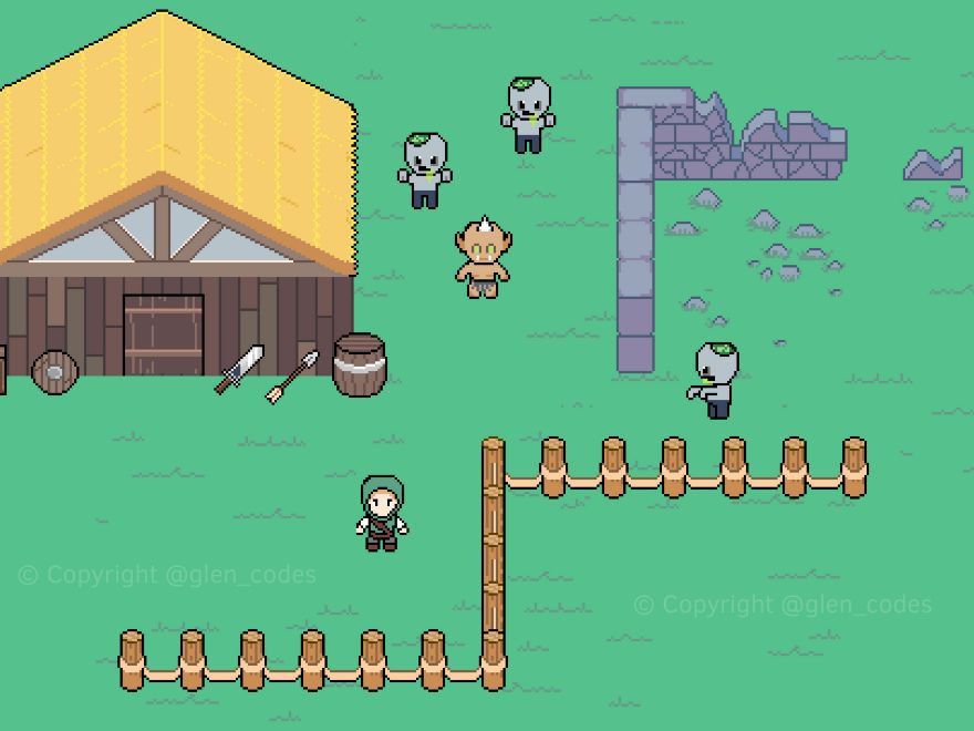 Concept art for GlenCode's retro indie RPG game he's creating. Three drooling zombies and an orc approaching an unsuspecting adventurer who is dressed in green with a hood over his head. The scene has green grass, a wooden fence, a ruin near by and a medieval style house made of wood and a hay roof. There is a wooden barrel, a sword, an arrow and a shield leaning against the house. 