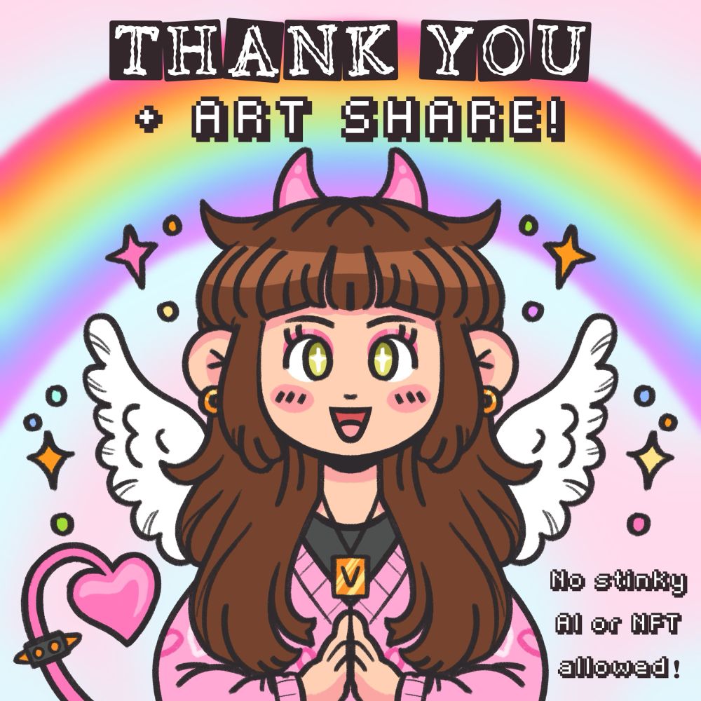 An art share post with the words Thank you on top. The drawing is of me with pink devil horns and cute angel wings. 