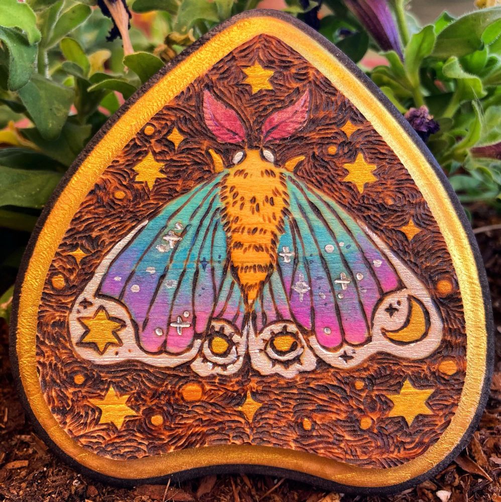 Painted wood burning featuring a moth and stars.