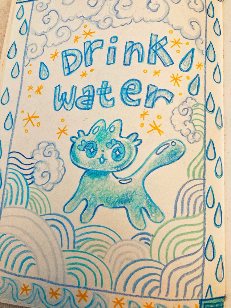 Sketchbook art of a water cat among waves. The text says “drink water”