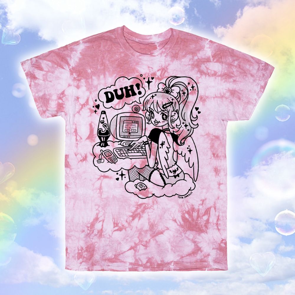 A picture of my t-shirt design for RawPaws “World Wide Web” challenge! It’s of a kawaii anime girl who’s sitting on a cloud and using her computer to make money. 