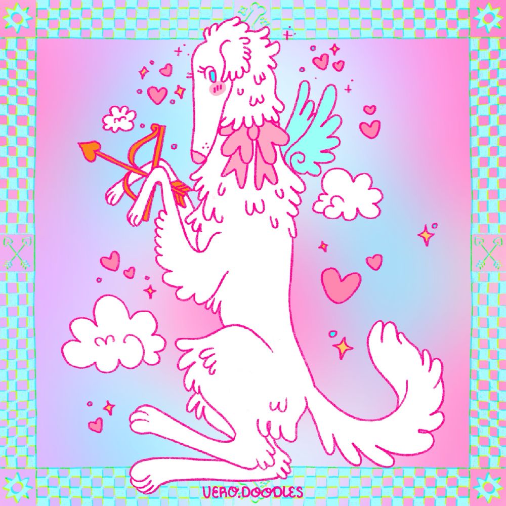 A white goofy borzoi dog that’s also a Cupid. She’s got a pink bow and blue Angel wings and is holding a bow and arrow. Cupid is surrounded by clouds and floating hearts and sparkles. 