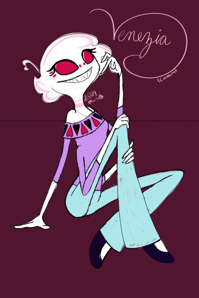 Drawing of a white and pink spider demon Hazbin Hotel fan character named CC. She has dark pink eyes with light pink highlights and no sclera or pupil, and three sets of secondary eyes. One is situated between her main set and the other two are on the outer edge and framed by her eyelashes. She is sitting down with a wide smile and her index and middle fingers making a half heart shape, wearing a light purple sweater with slouch collar that folds down over her upper arms and has a pattern of upside down red hearts that alternate with right side up black hearts, pale blue jeans and dark shoes. There is a gold chain necklace visible disappearing under her sweater. In the upper corner is the word “Venezia” with a large flourish from the “V” that surrounds the rest of the word.