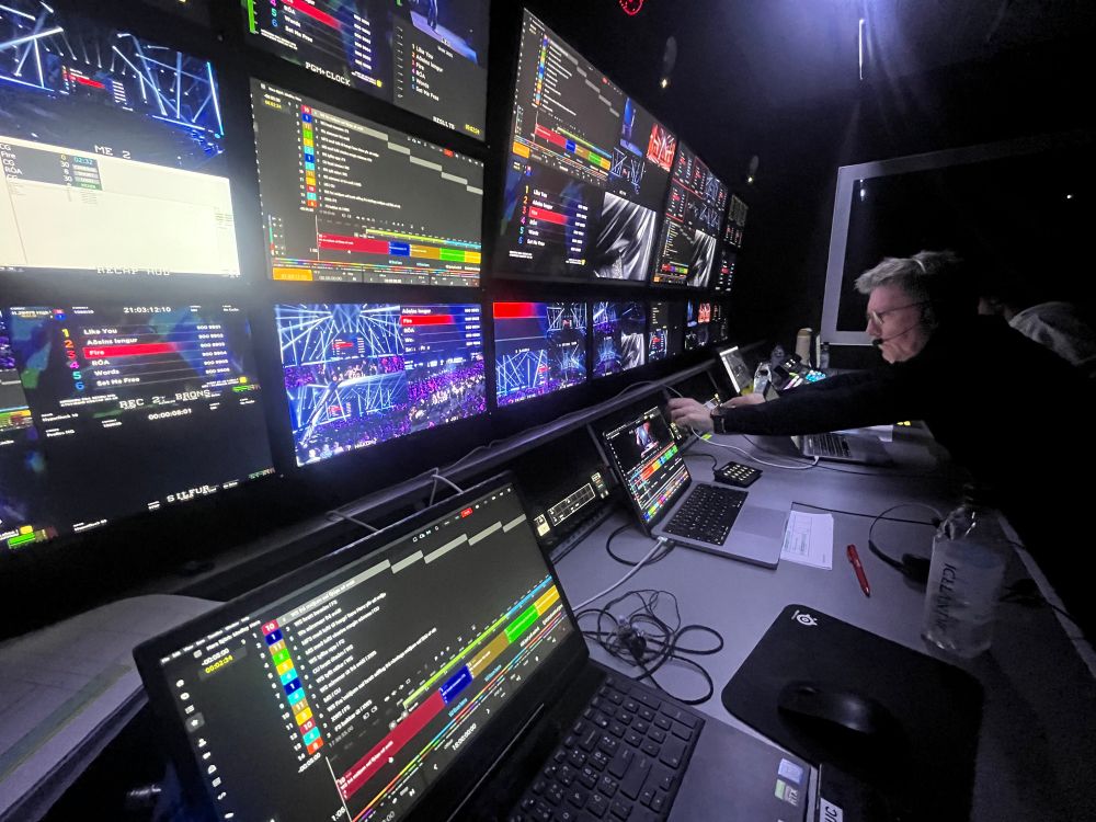 Control room of an OB truck with a number of multiviewer screens