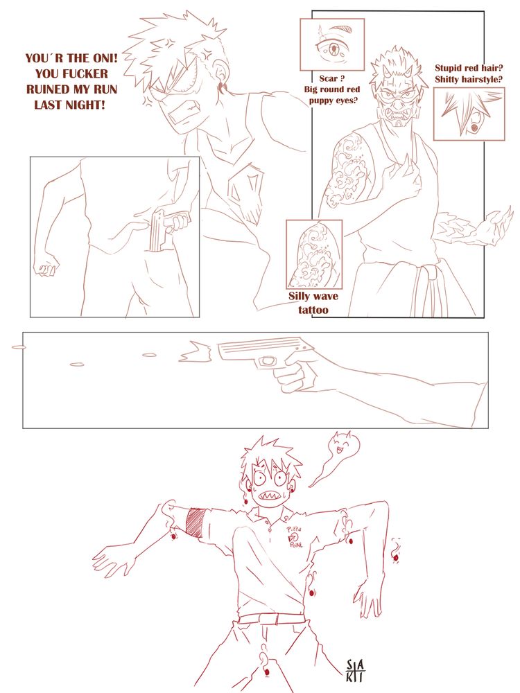 Bakugo realizes that the pizzaboy is the guy who fucked up his run last night. And fires with a gun at him to scar him.