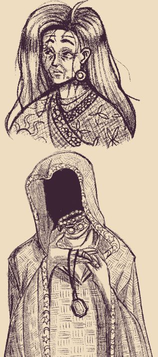 Two digital sketches, the top is a sketch of an older woman. She has long, messy hair, big round earrings, and robes with various patterns (floral, butterflies, suns, etc) The bottom sketch is of a headless, robed man holding up a gemstone necklace. He is also wearing a decorated robe, which have a sun and moon trim. Around his neck are various pearls and gemstones. 
