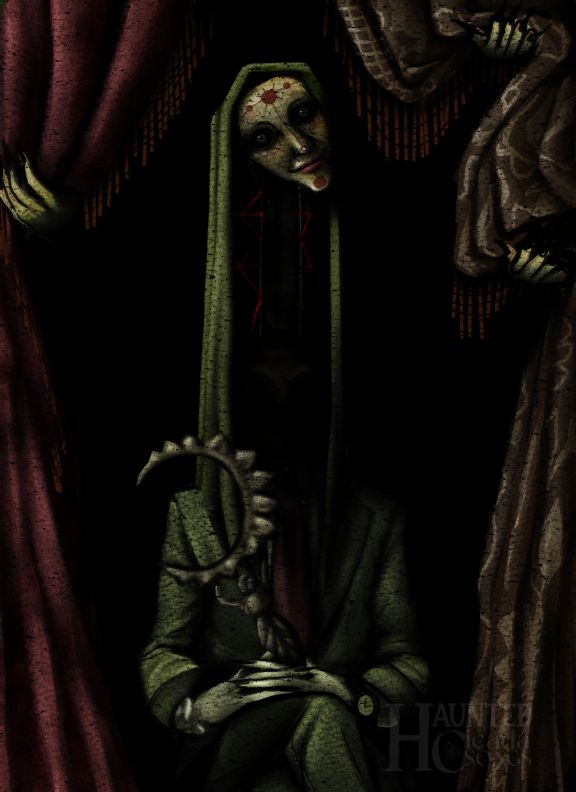 A man in a dark green suit is sitting cross legged infront of curtains. The curtains are being held up by disembodied hands. The man is holding a sickle designed to look like a woman holding a teethed moon. The man has long fake neck, with a head attached to the top. 