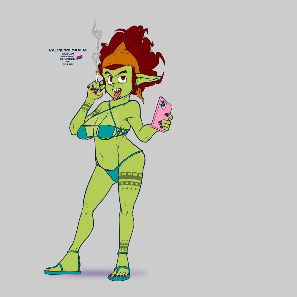 Valve, a redhead goblin woman, stands casually with cocked hips while letting her tongue hang out suggestively as she smiles. She has one hand raised near her mouth to pantomime stroking a shaft.

She is holding a lit cigarette in one hand and wearing an orange bandana over her hair. She has a pink cellphone in her other hand. Valve is wearing a teal colored bikini and matching flat sandals.

Text accompanied by the Bisexual Pride Flag near her reads:
Valve Goldpalm
Goblin
(she/her)
30 yrs (eq)
3'8"
55 lbs   