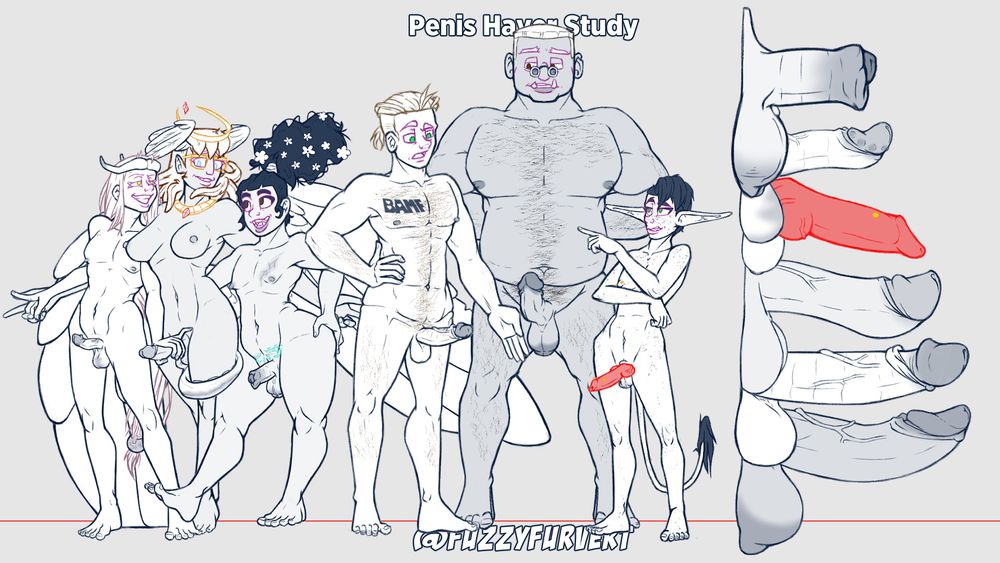 From left to right, all standing nude and erect:
Buer (they/them)
Aerosta (he/she/they)
Torc (she/her)
Tommy (he/him)
Surhaan (he/him)
Atlas (he/him)

On their right is a stack of their penises shown in profile for detail and length comparison. From shortest to longest:
Torc
Buer
Atlas
Aerosta
Tommy
Surhaan
