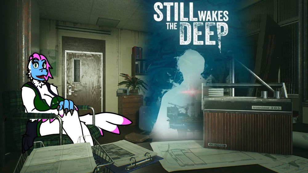 A cartoon dinosaur sits on a chair in a drab room akin to an office. An old radio sits on the desk in front of her. Appearing ghostly on top of the image is another, showing a light silhouette of a man with an oil rig inside and the words "Still Wakes the Deep" above it.